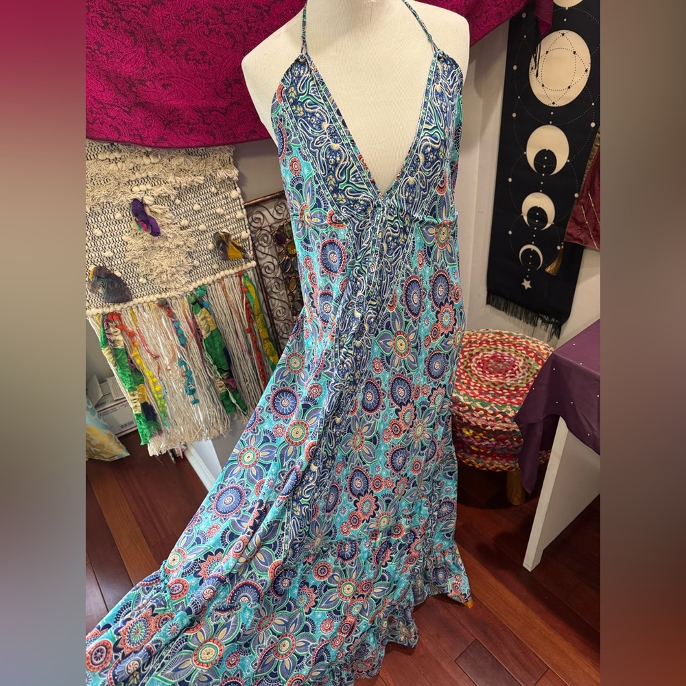 Silk Elegant Blue Paisley Maxi Dress One Size